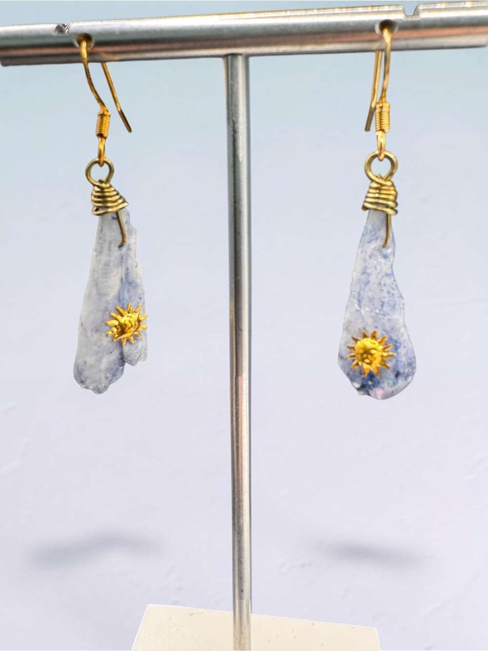 Handcrafted Blue Stone Sunburst Drop Earrings - SKU B
